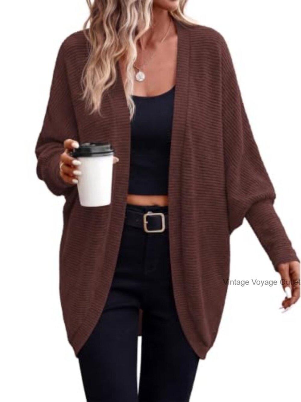 Batwing Long Sleeve Lightweight Ribbed Knit Open Front Cardigan Women